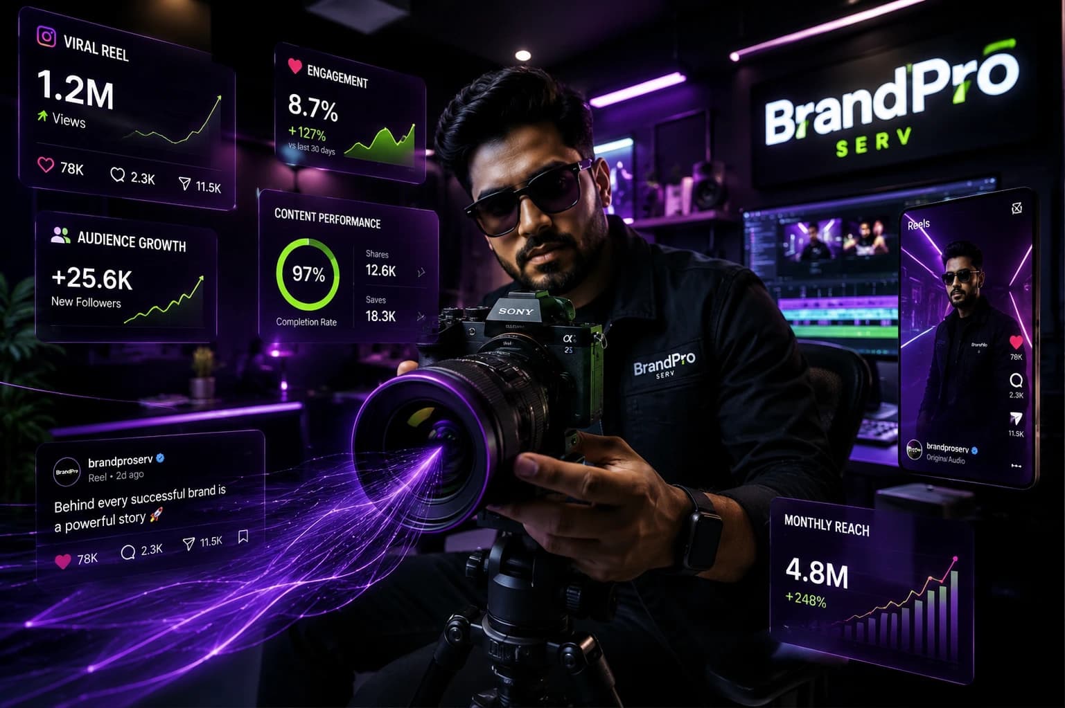 On-set BrandProServ content creation — cinema camera, reels and live performance metrics