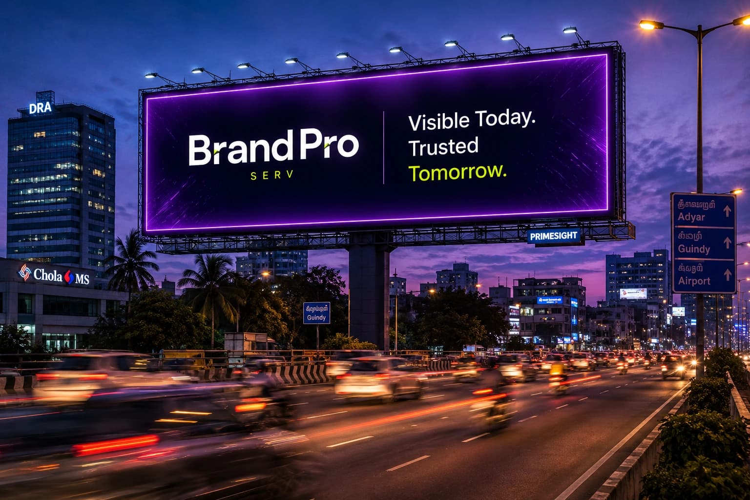 Illuminated billboard at night on a high-traffic Chennai road