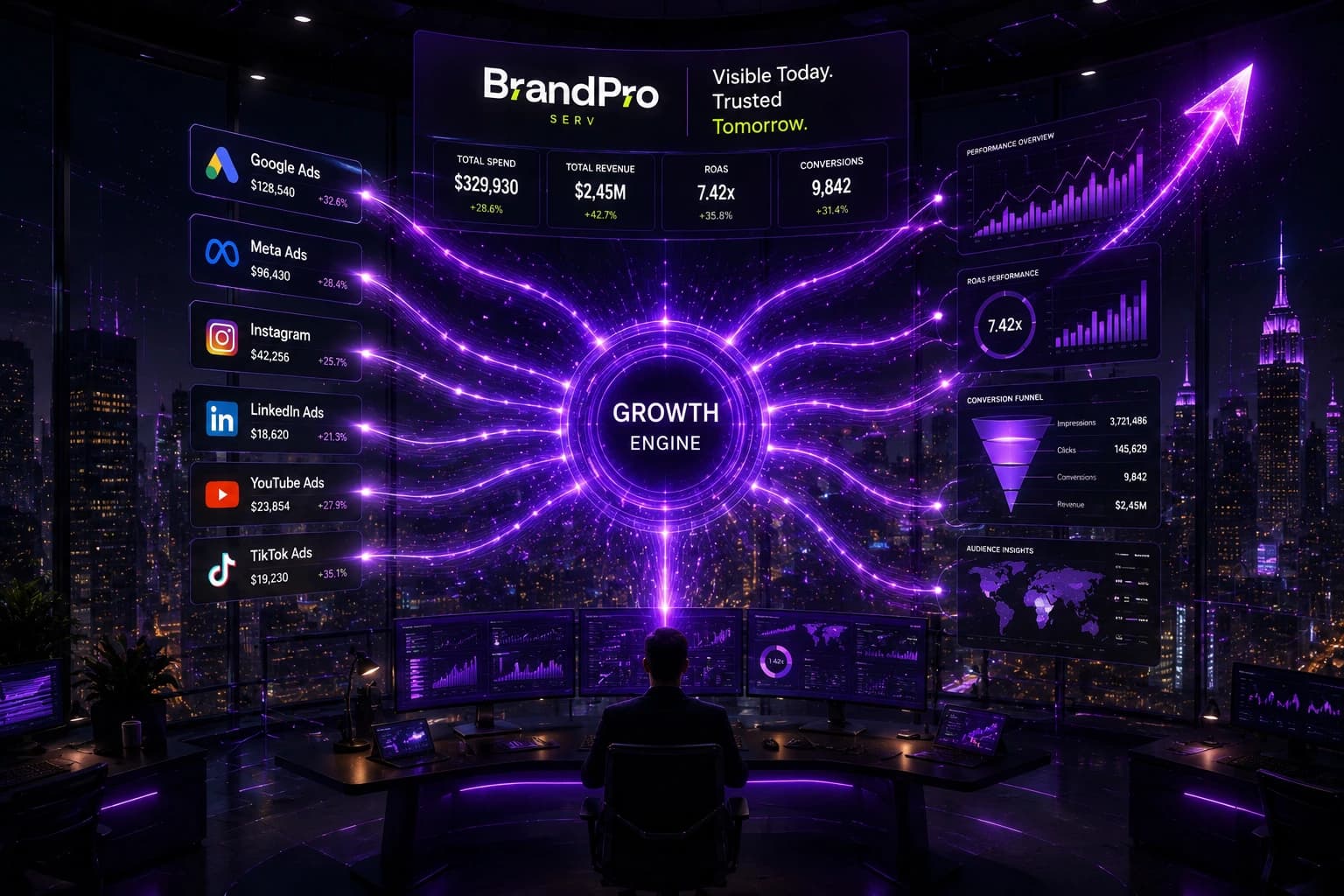 BrandProServ growth engine — Google, Meta, Instagram, LinkedIn, YouTube and TikTok ad spend with ROAS and conversion funnel