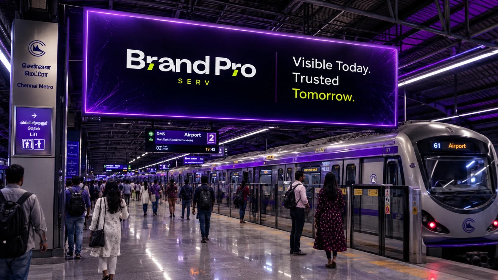 BrandProServ billboard inside a Chennai Metro station platform