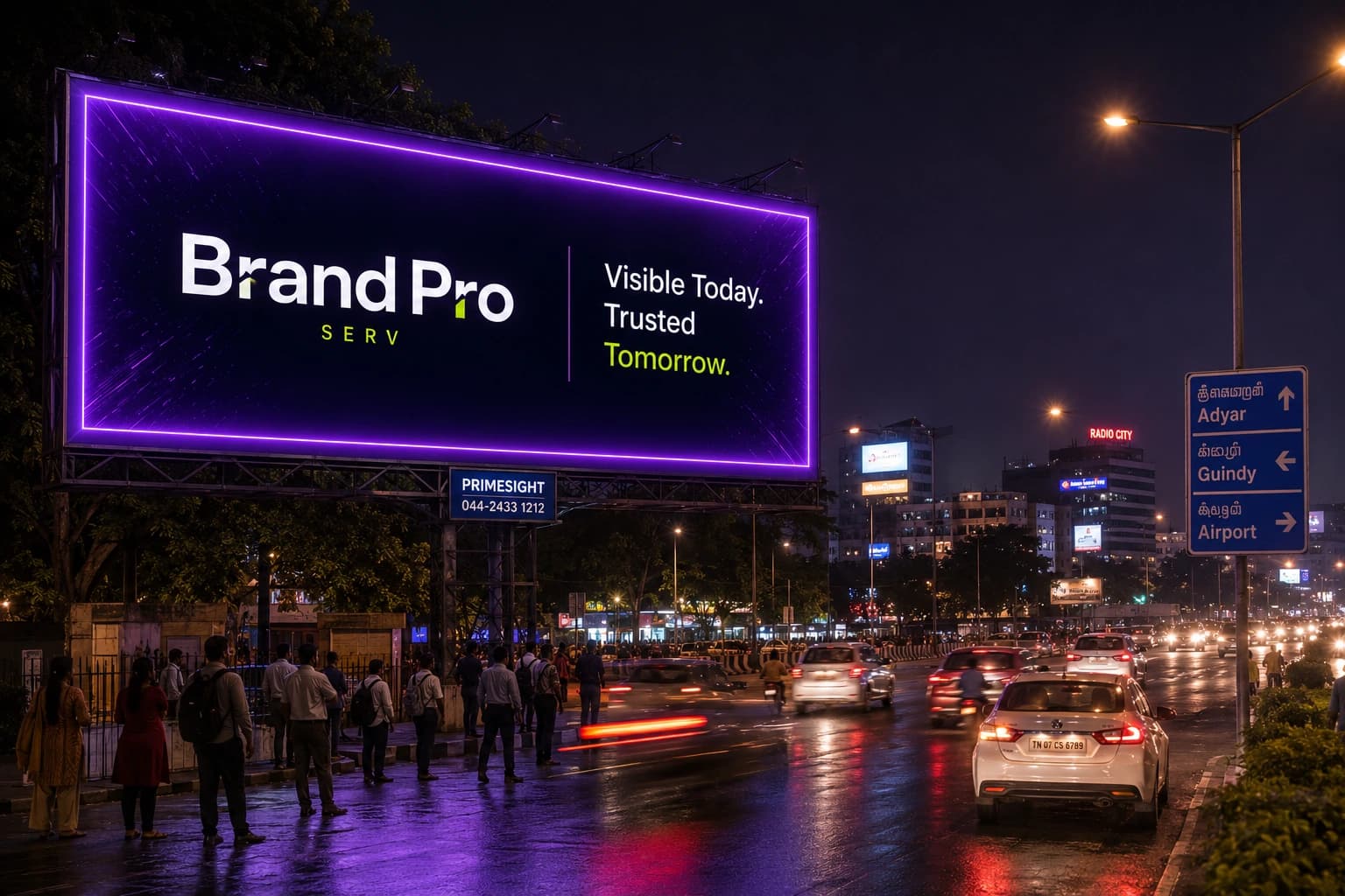 Premium illuminated hoarding at dusk on a busy Chennai junction