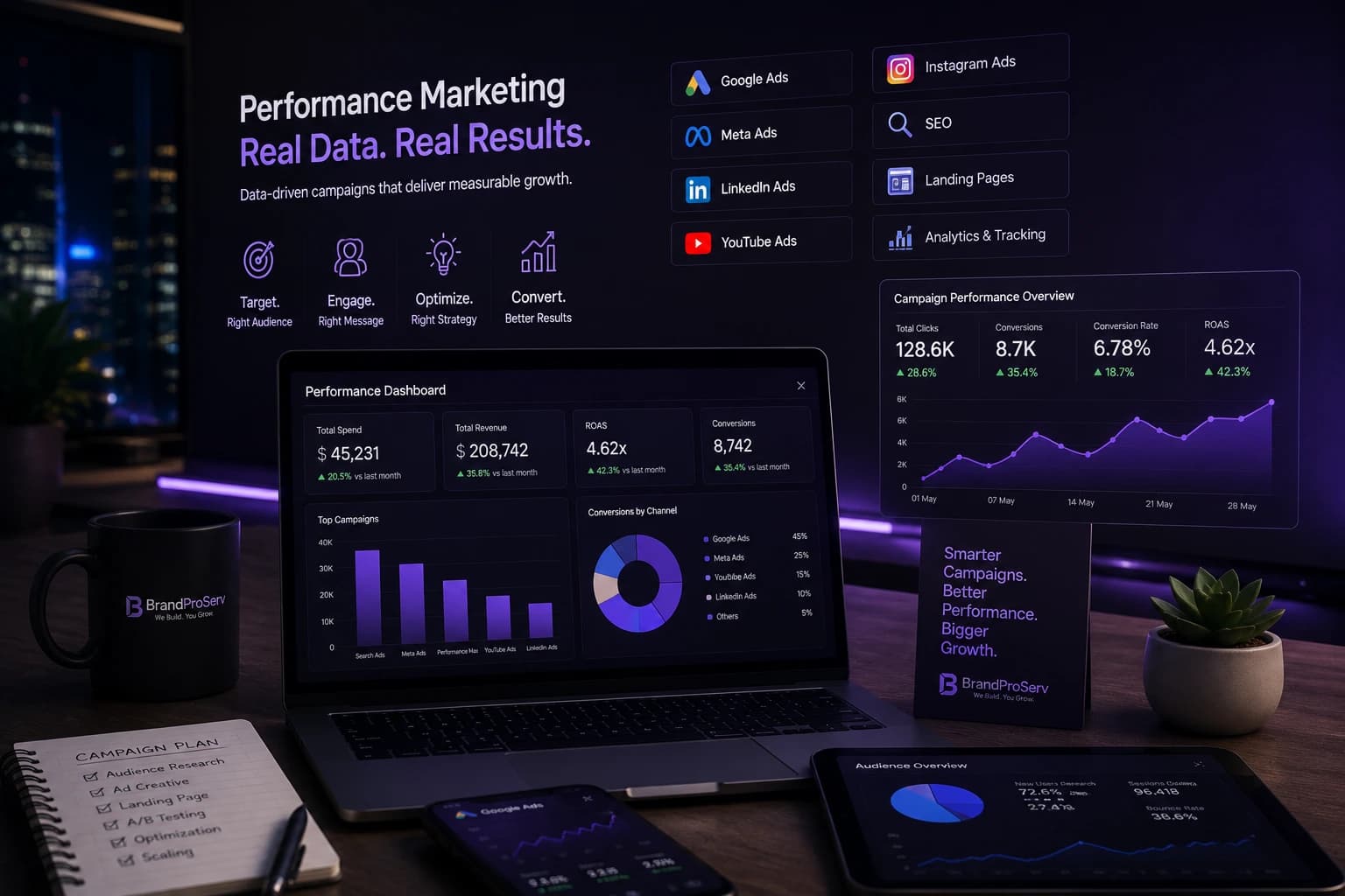 BrandProServ performance marketing dashboard — Google, Meta, LinkedIn, and YouTube campaign analytics with ROAS metrics